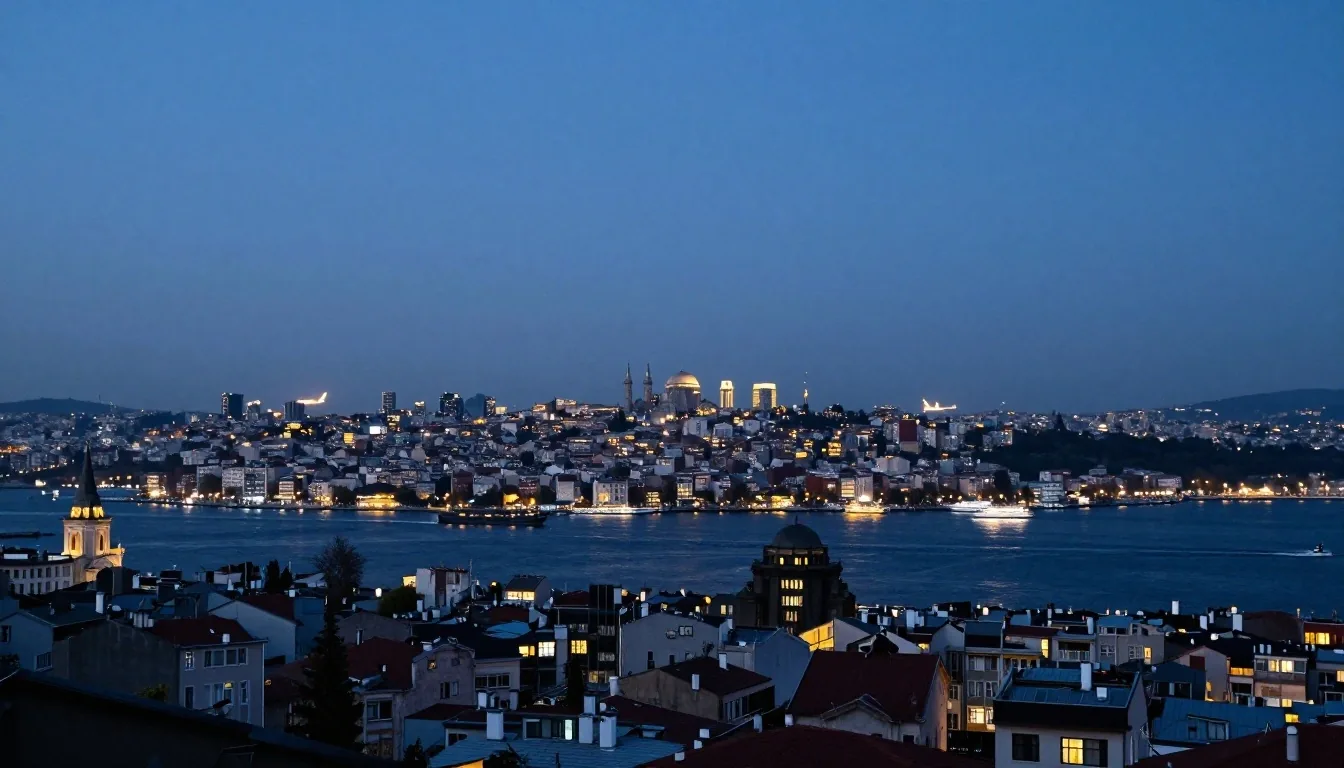 Akşam alacakaranlığında İstanbul havaalanı ışıkları ve boğaz hattı