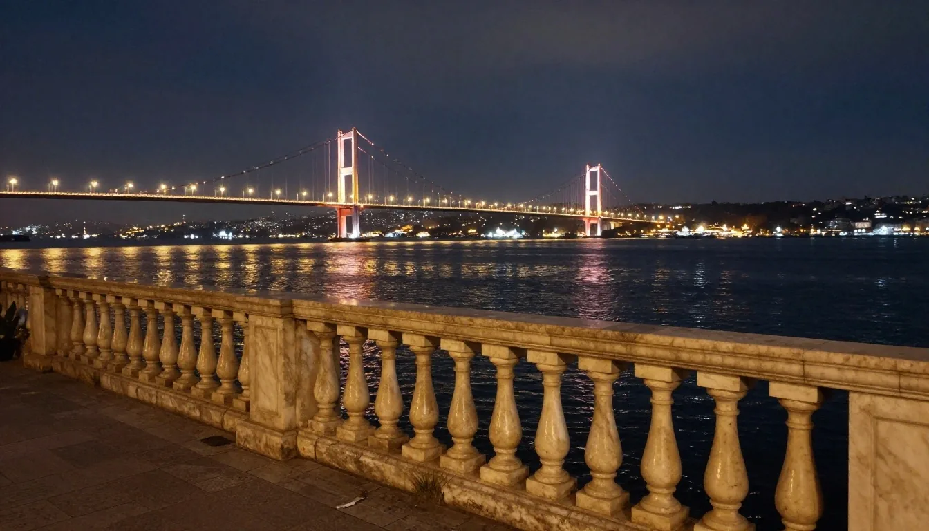 Gece Boğaz köprüsü ışıkları ve taş teras
