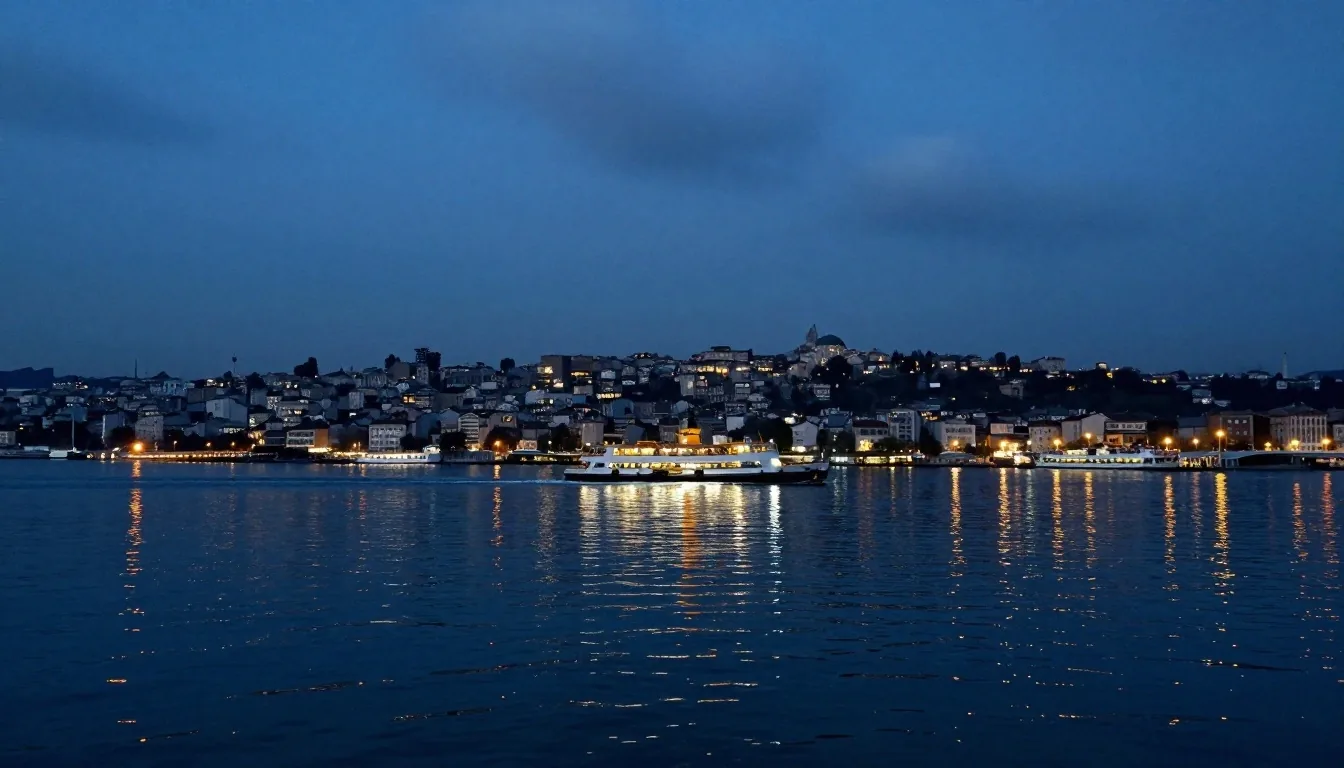 Mavi saatte İstanbul Boğazı ve şehir ışıkları