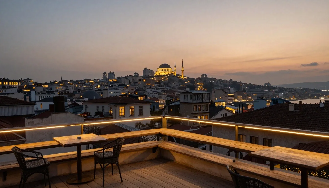 Akşam saatinde İstanbul silüeti ve ufuk ışıkları