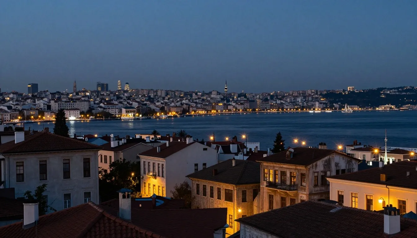 Akşam saatinde İstanbul Boğazı ve şehir ışıkları
