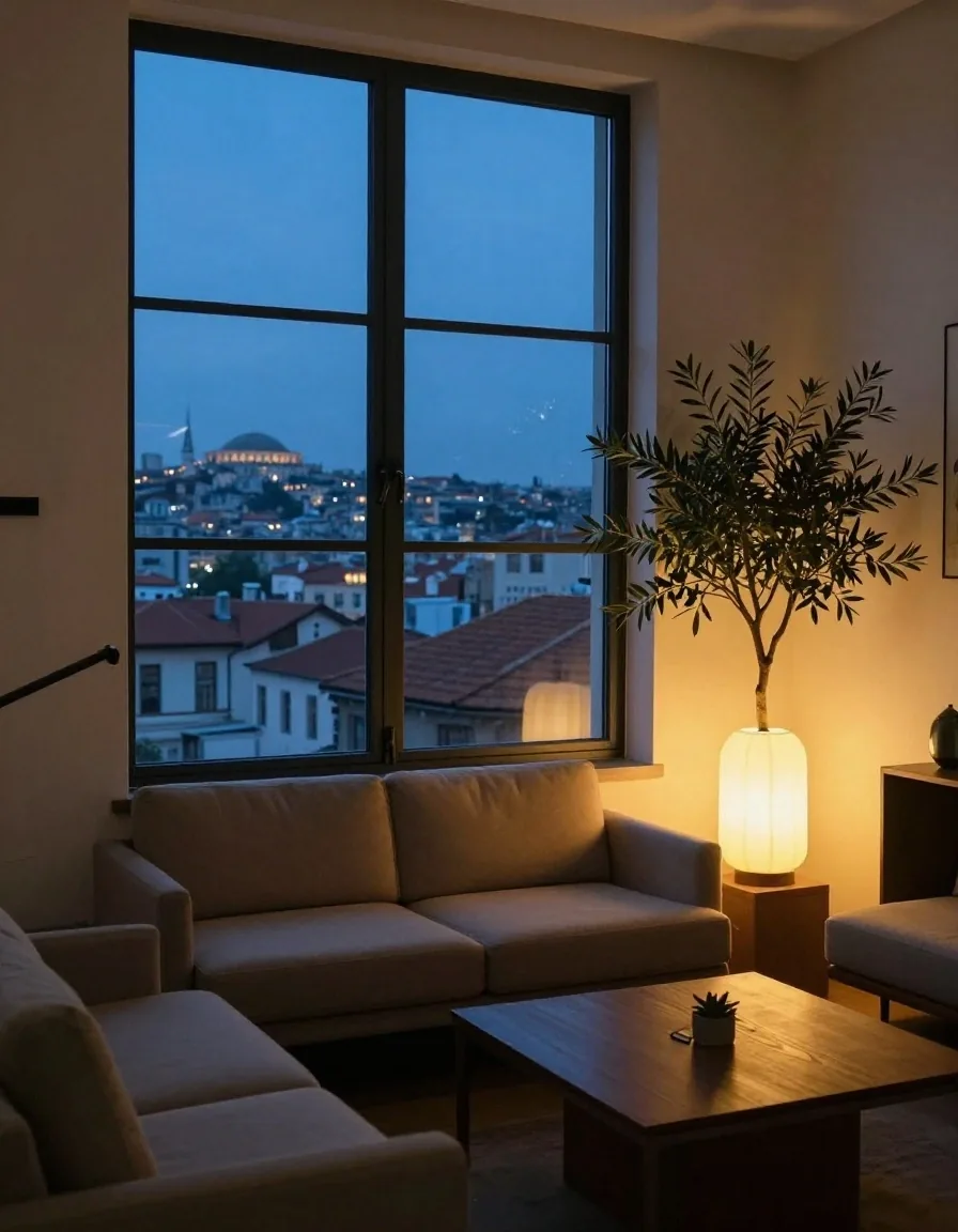 Beyoğlu ofisinde akşam ışığında danışma masası