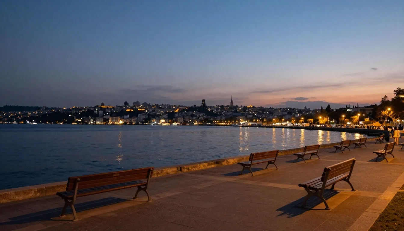 Alacakaranlıkta İstanbul Boğazı ve şehir ışıkları